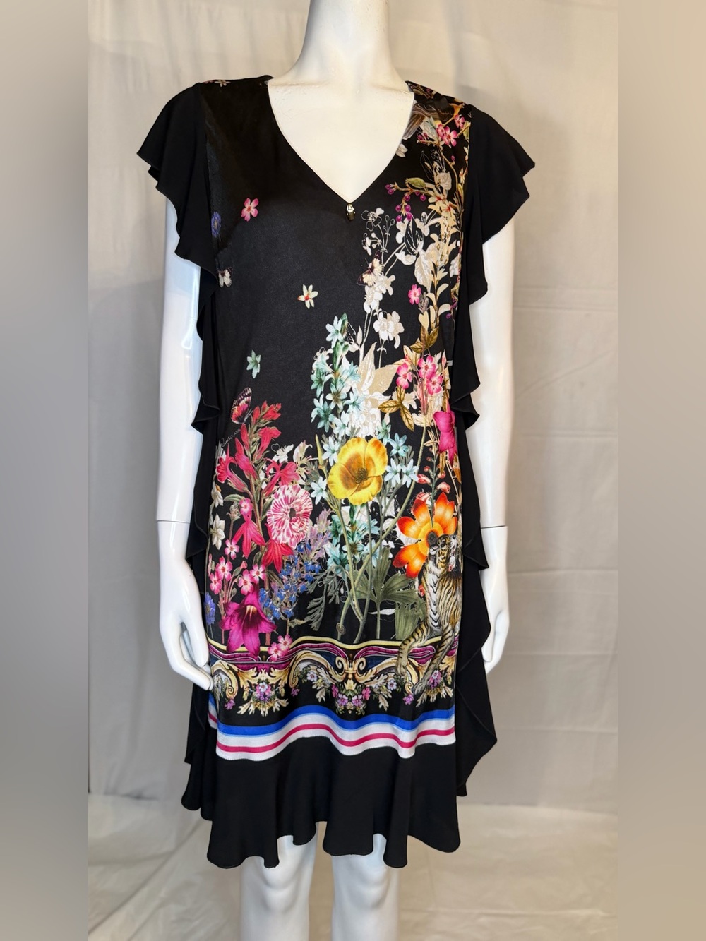 Cavalli Class Black Floral V-Neck Ruffle Dress Top